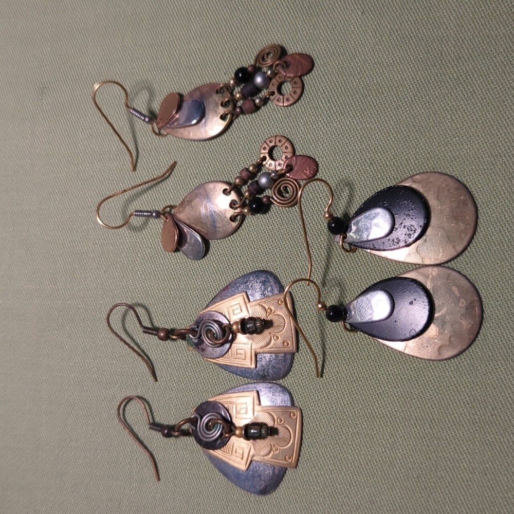 Three pairs of hammered mixed metal earrings